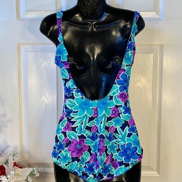 BLU & PURPLE FLOWERED ONE-PIECE by GABAR SIZE 12 - Picture 4 of 6